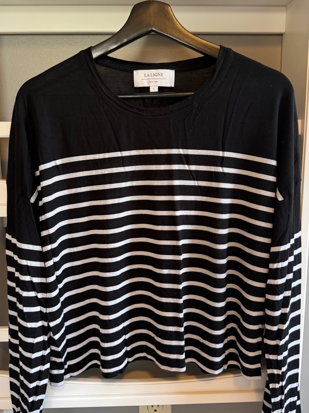 La Ligne Black & White Striped Long Sleeve  Teddy Tee, Size L